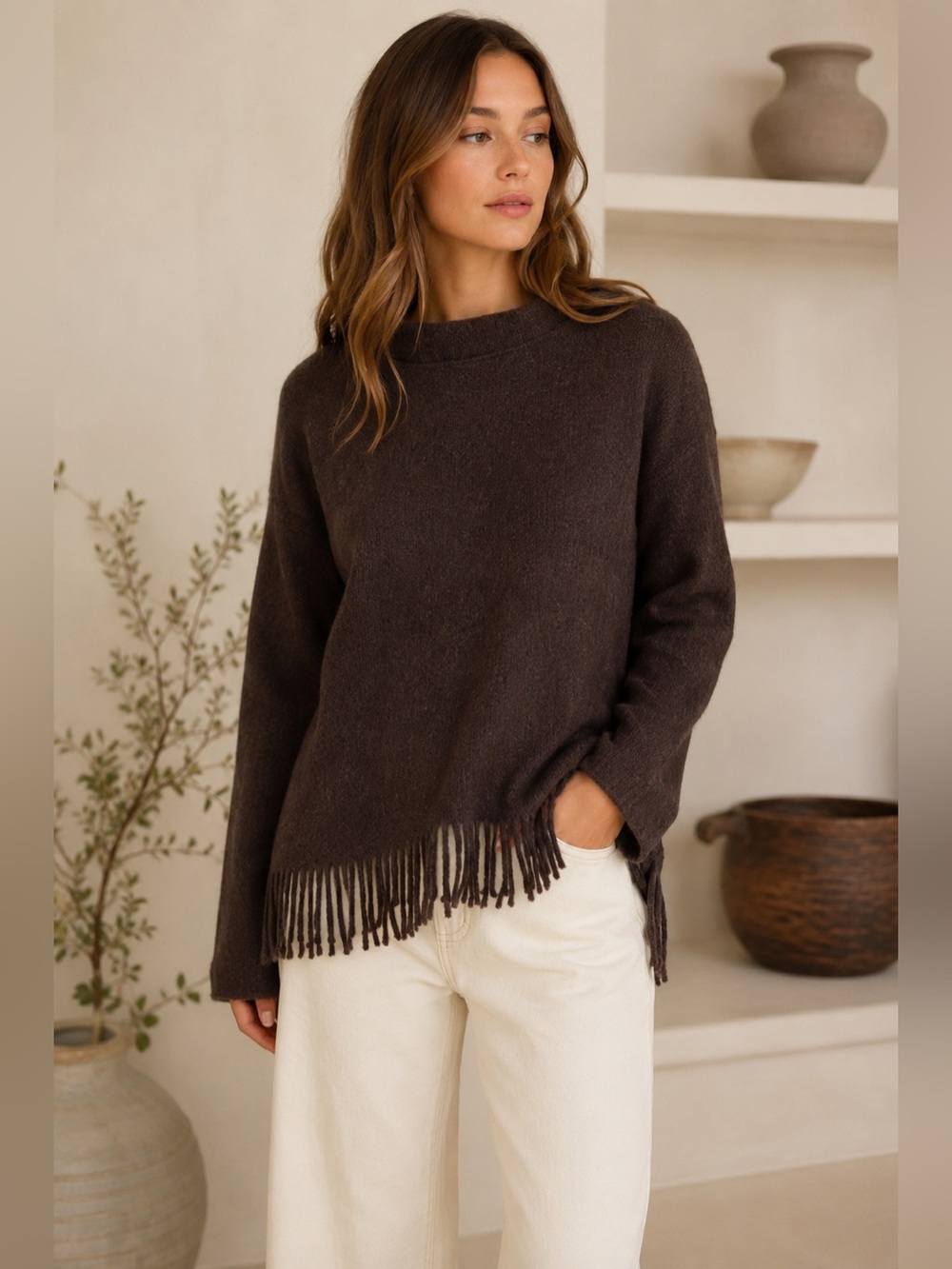 J.Crew Sweater Womens S Brown.Maroon Alpaca Wool Fringe Boxy Oversized Luxe Knit